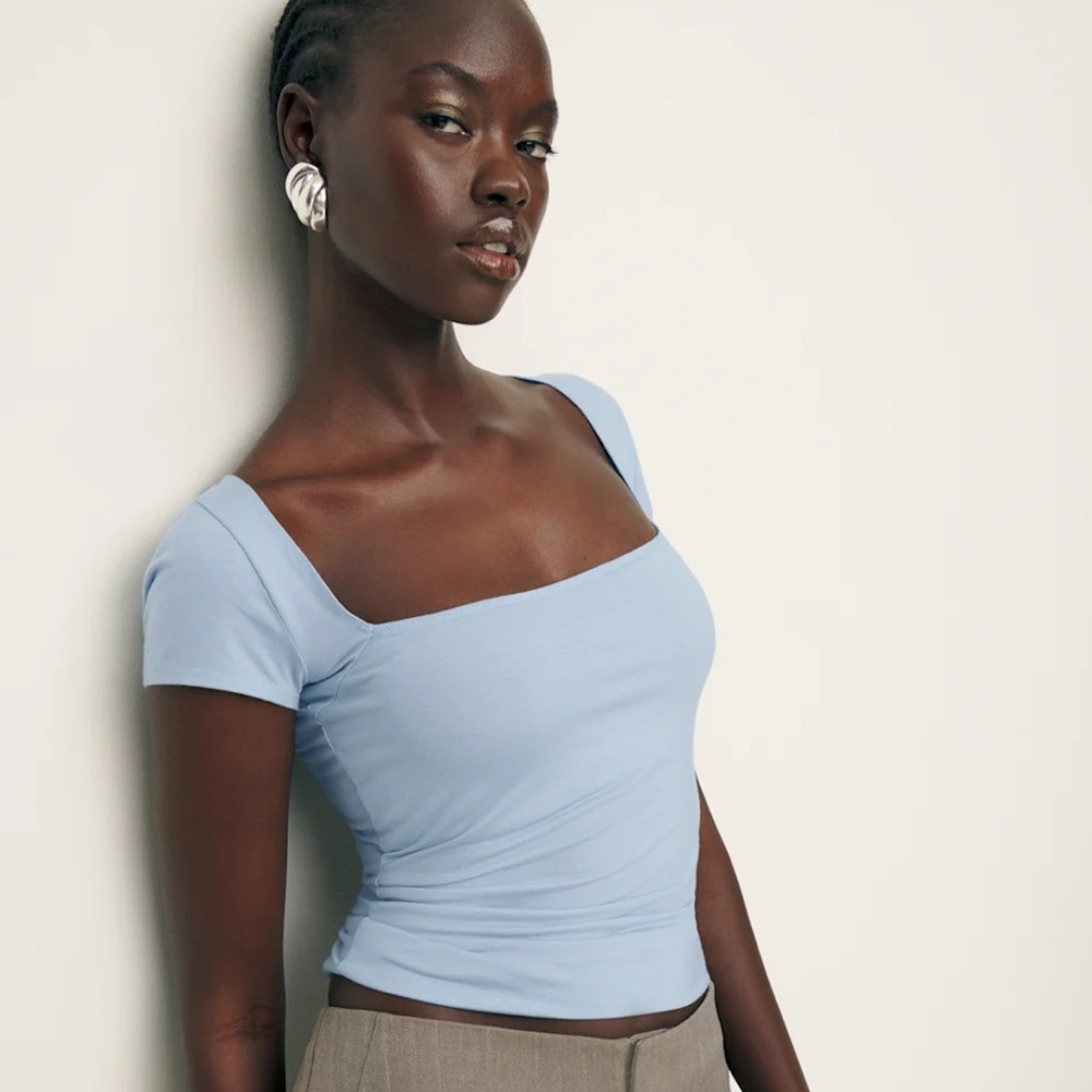 Reformation Light Blue Square Neck Short Sleeve Tee